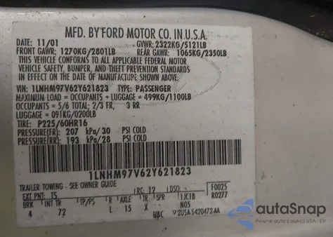 2002 Lincoln Continental from USA, damaged, VIN 1LNHM97V62Y621823